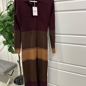 Stylish Long Sleeve Burgundy and Brown Dress